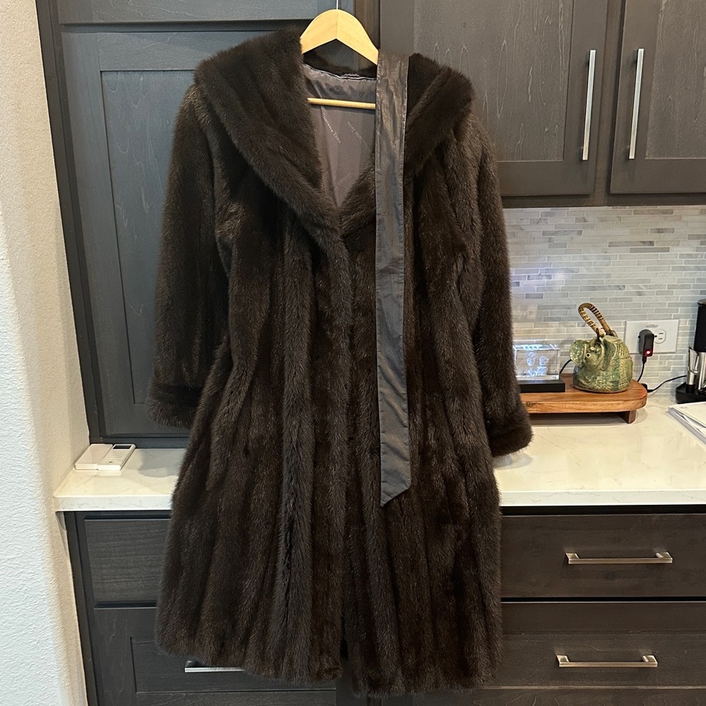 Luxurious Hooded Dark Brown Mink Fur Coat